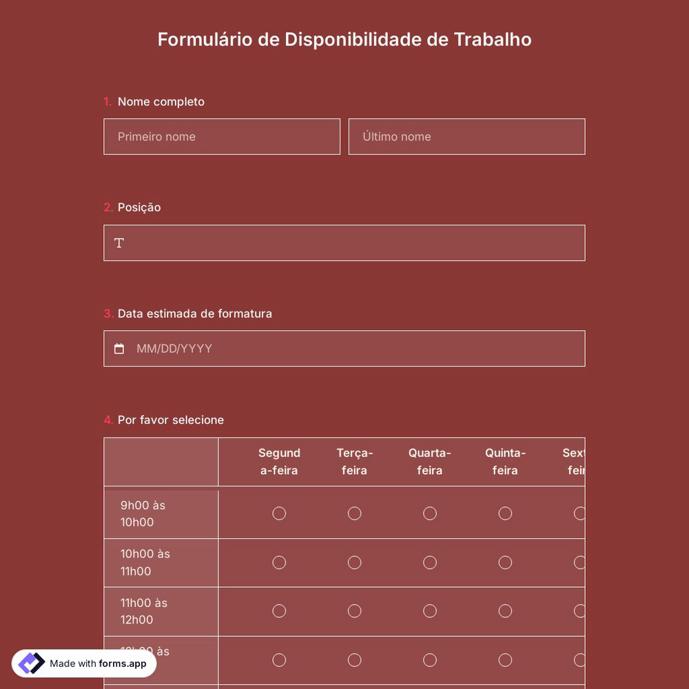 Formulário de Disponibilidade de Trabalho