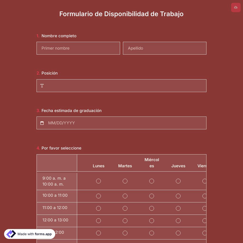Plantilla de Formulario de Disponibilidad de Trabajo