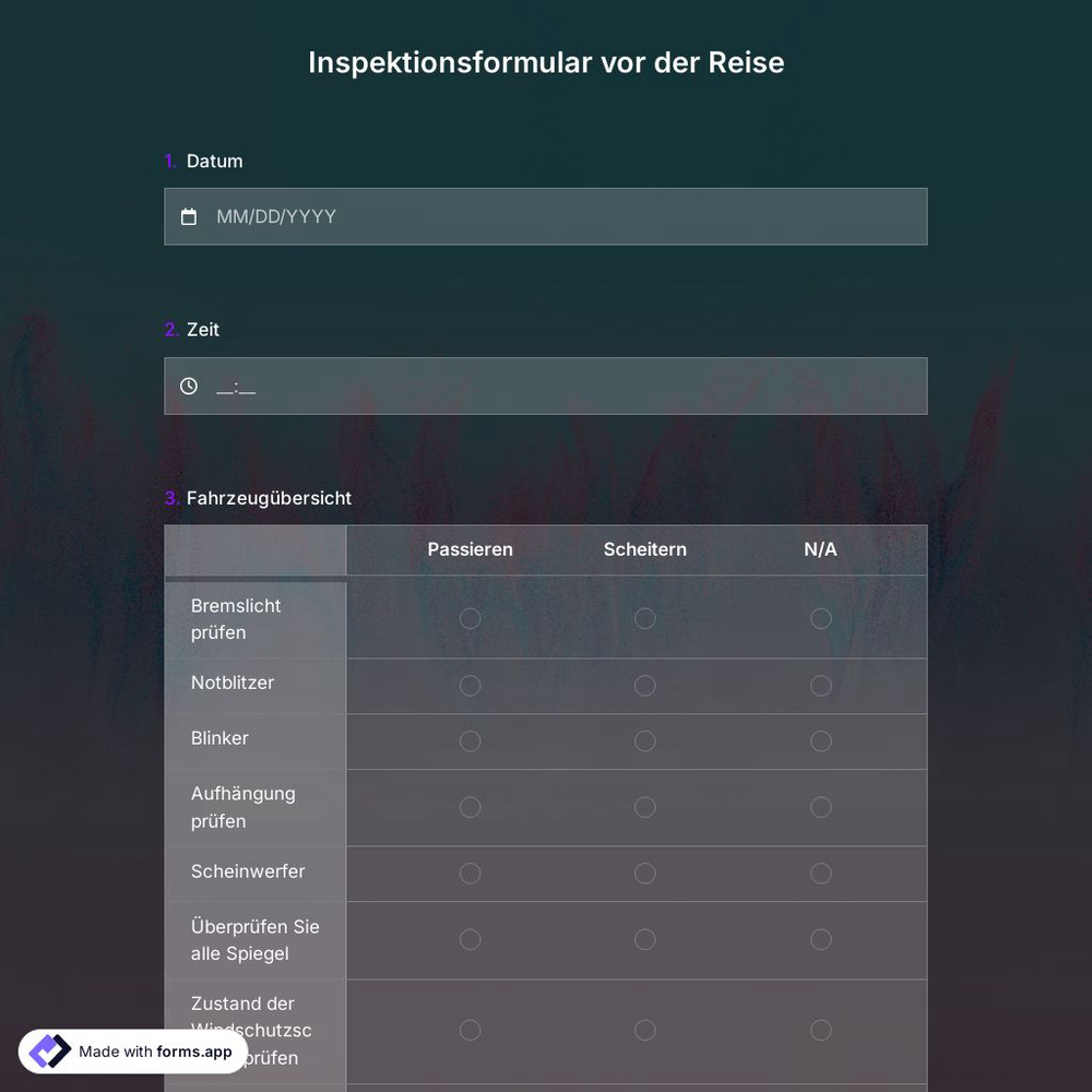 Inspektionsformular vor der Reise