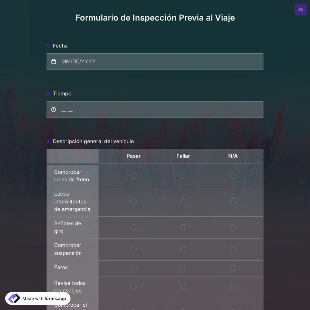 Plantilla de Formulario de Inspección Previa al Viaje