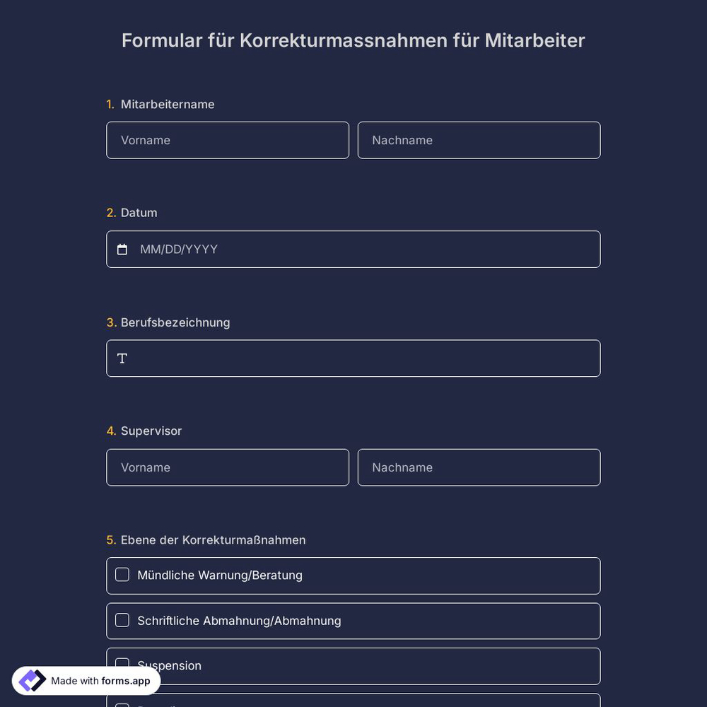 Formular für Korrekturmassnahmen für Mitarbeiter