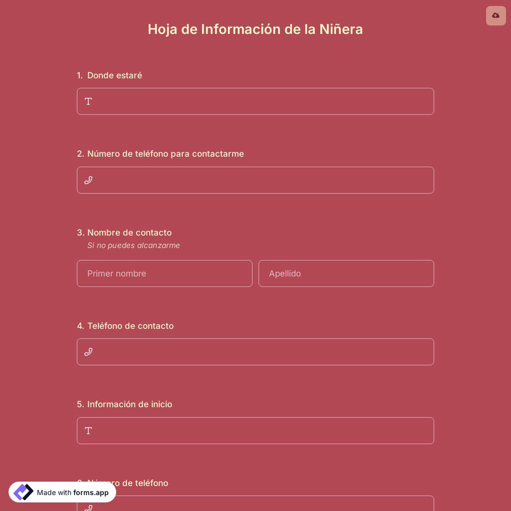 Plantilla de Hoja de Información de la Niñera