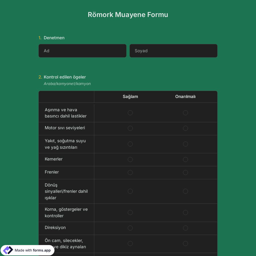 Römork İnceleme Formu Şablonu