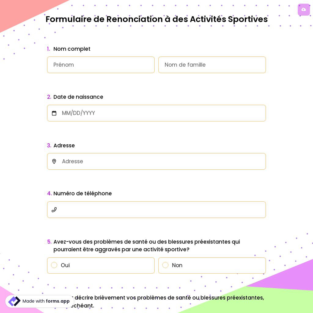 Formulaire de Renonciation à des Activités Sportives
