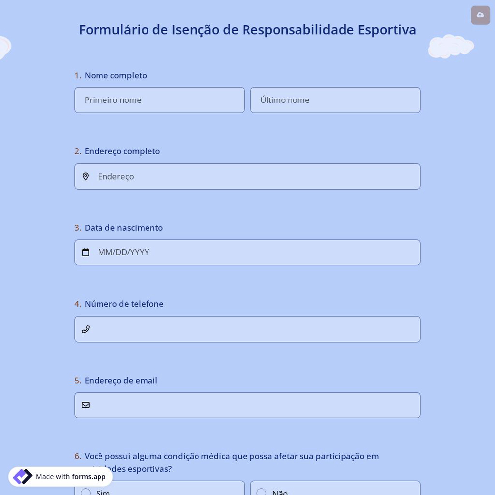 Formulário de Isenção de Responsabilidade Esportiva