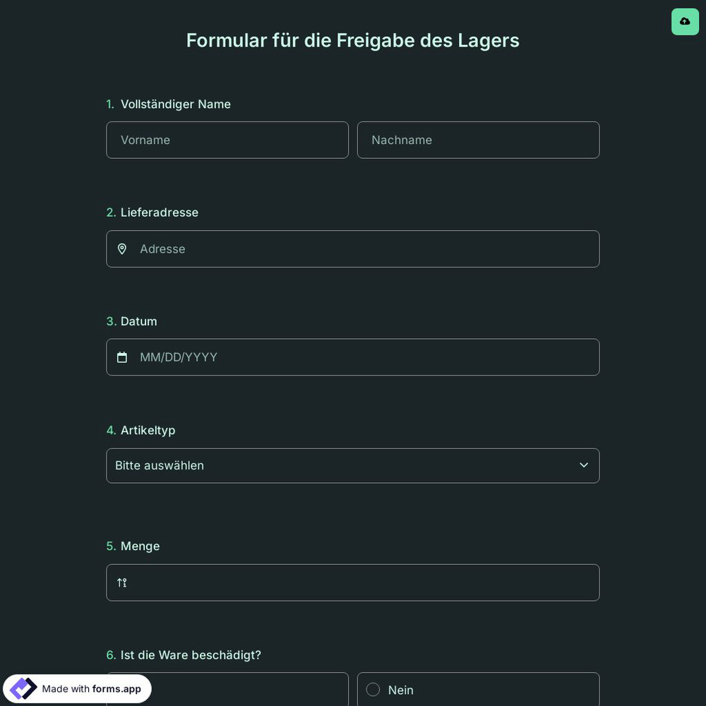 Formular für die Freigabe des Lagers