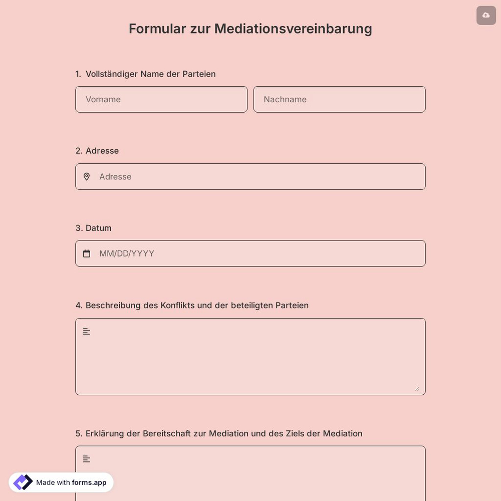 Formular zur Mediationsvereinbarung