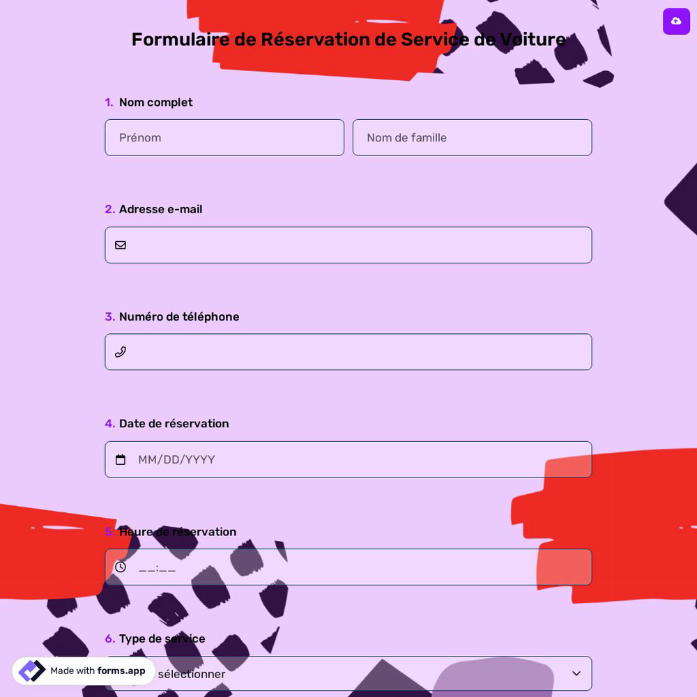 Formulaire De Réservation De Service De Voiture