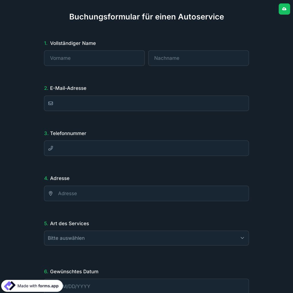 Buchungsformular für einen Autoservice