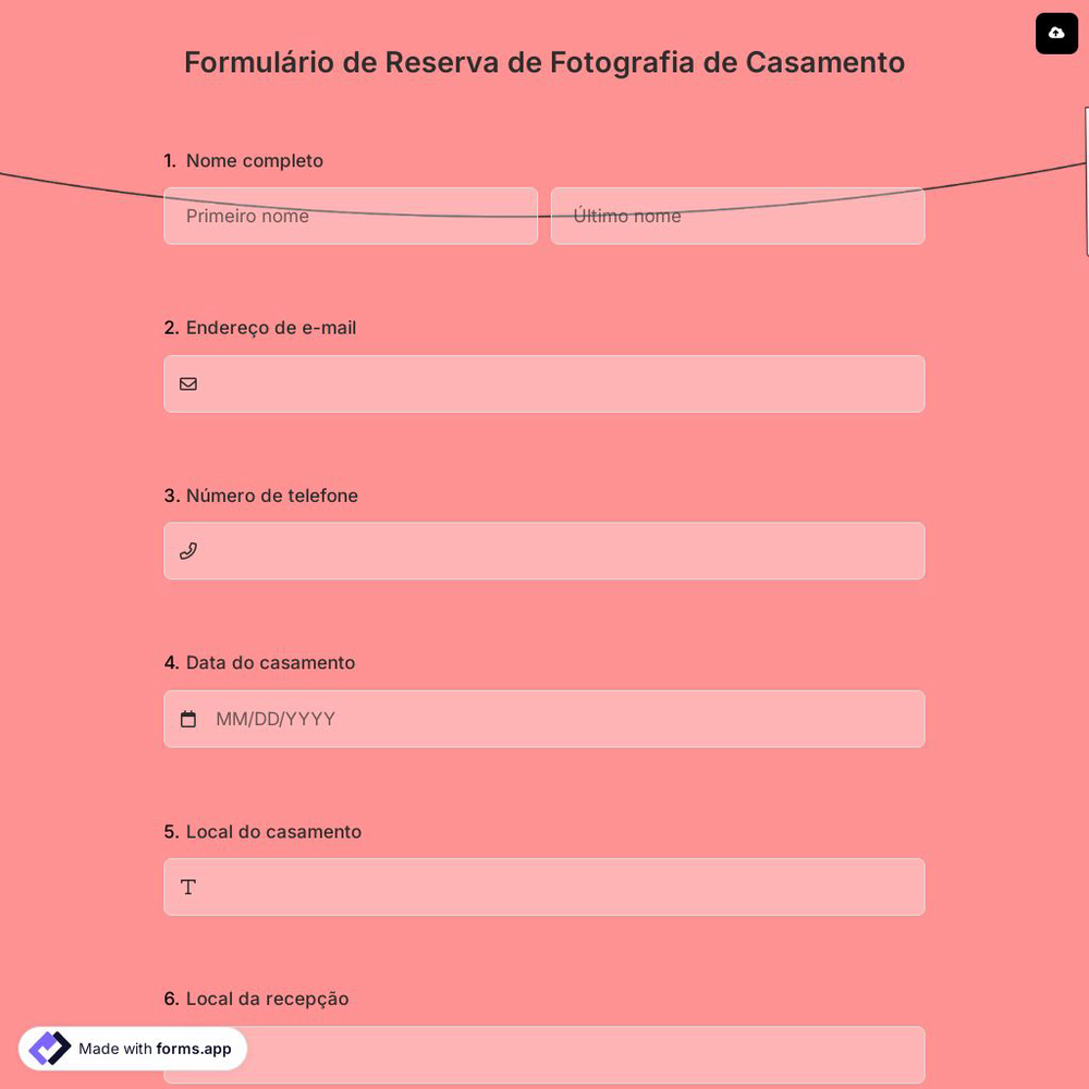 Formulário de Reserva de Fotografia de Casamento