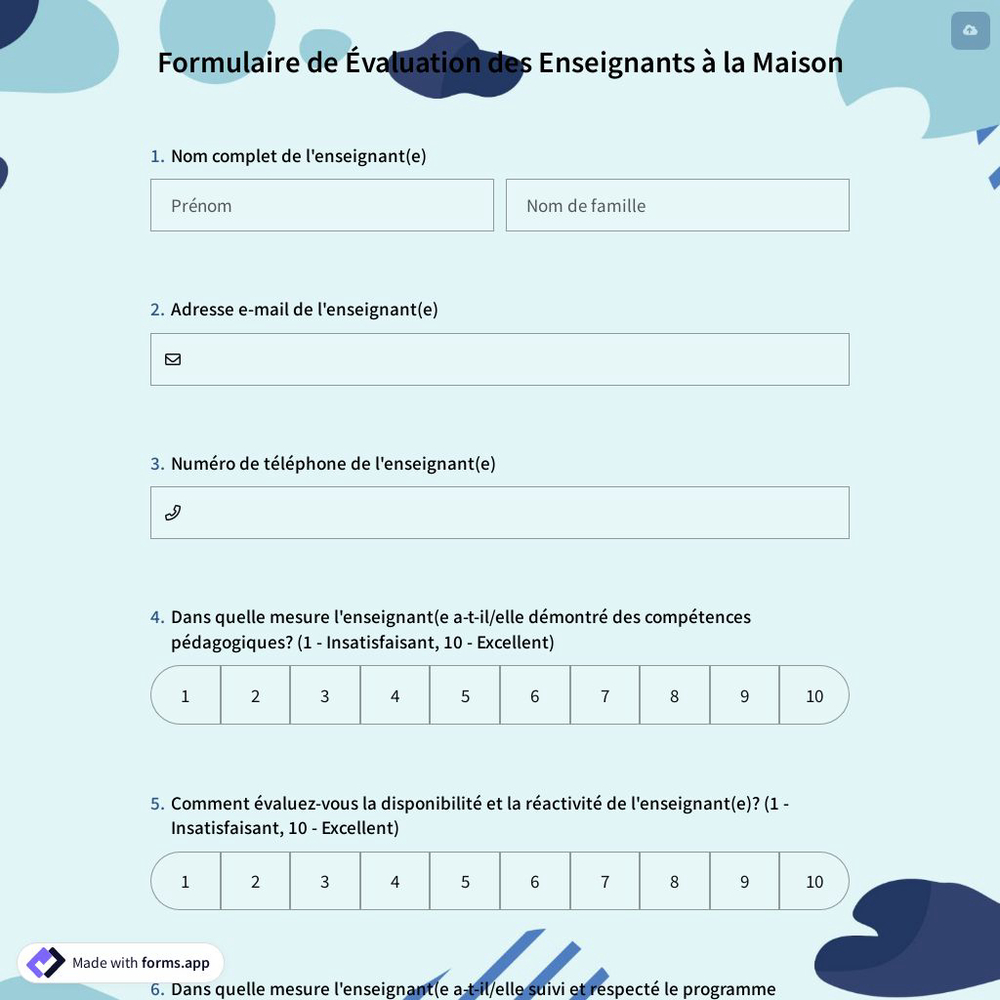 Formulaire de Évaluation des Enseignants à la Maison