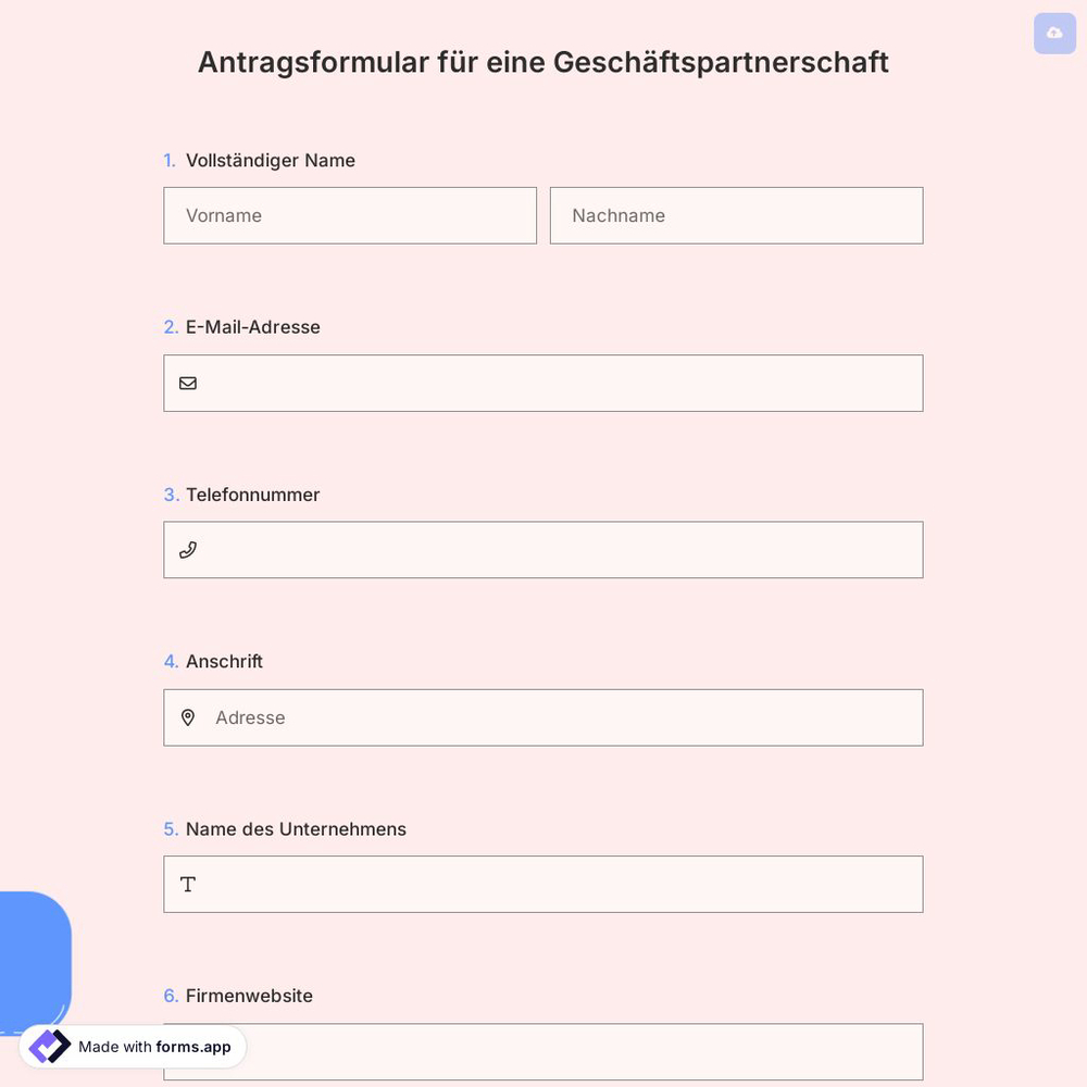 Antragsformular für eine Geschäftspartnerschaft