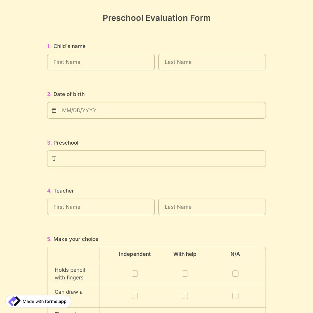 Preschool Evaluation Form