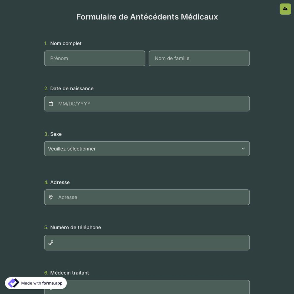 Formulaire de Antécédents Médicaux