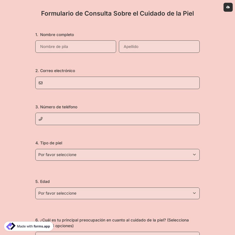 Formulario de consulta sobre el Cuidado de la Piel