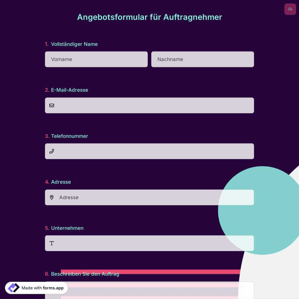 Angebotsformular für Auftragnehmer