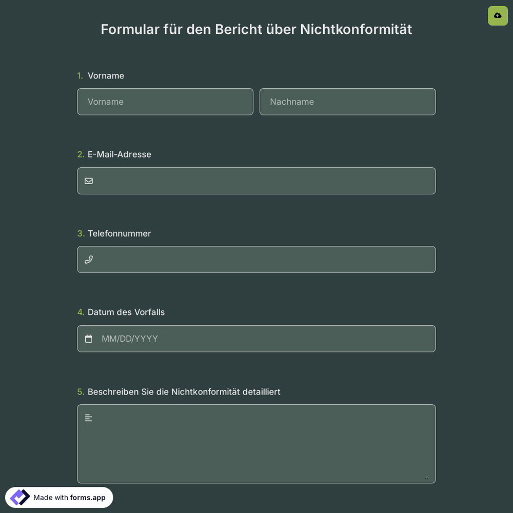 Formular für den Bericht über Nichtkonformität
