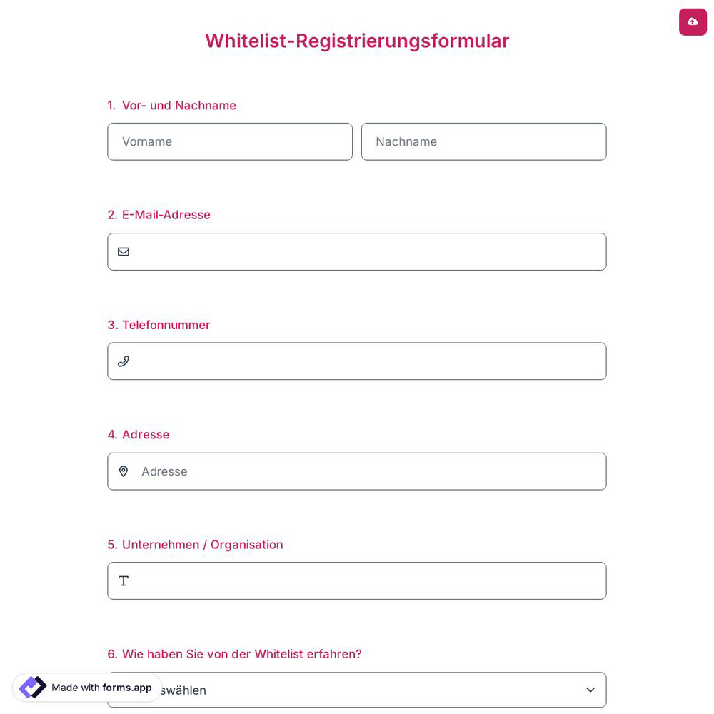 Whitelist-Registrierungsformular