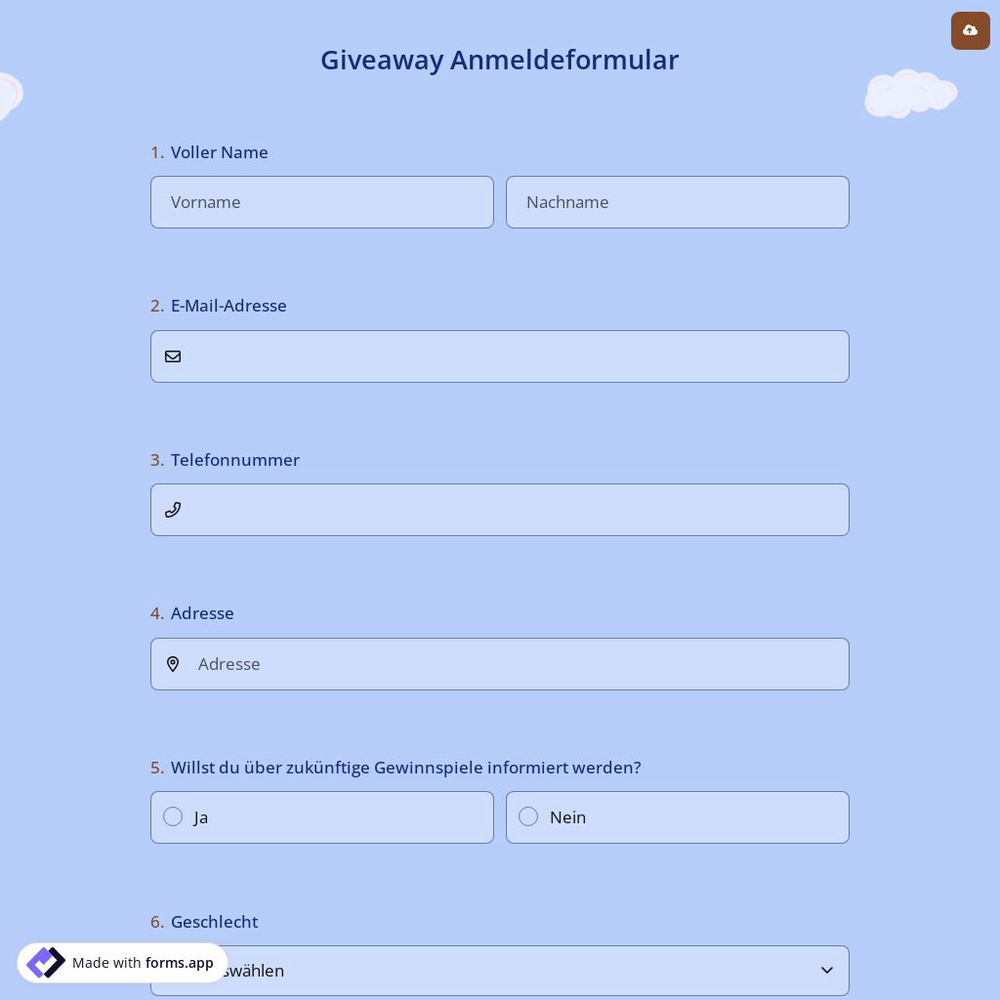 Giveaway Anmeldeformular