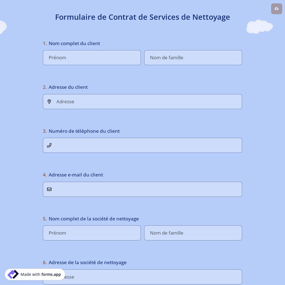Formulaire de Contrat de Services de Nettoyage