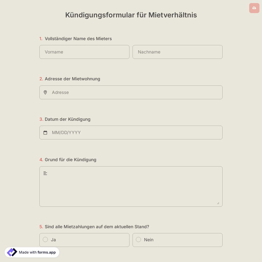 Kündigungsformular für Mietverhältnis