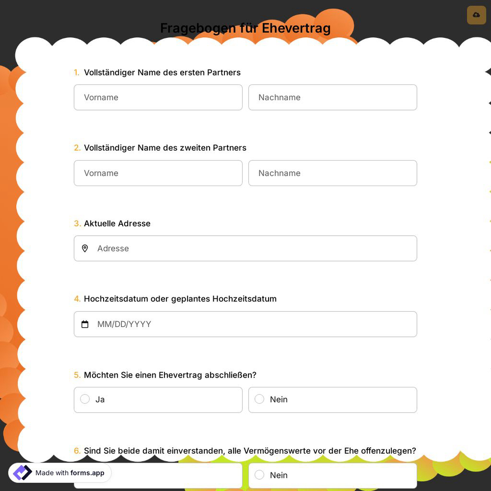 Fragebogen für Ehevertrag