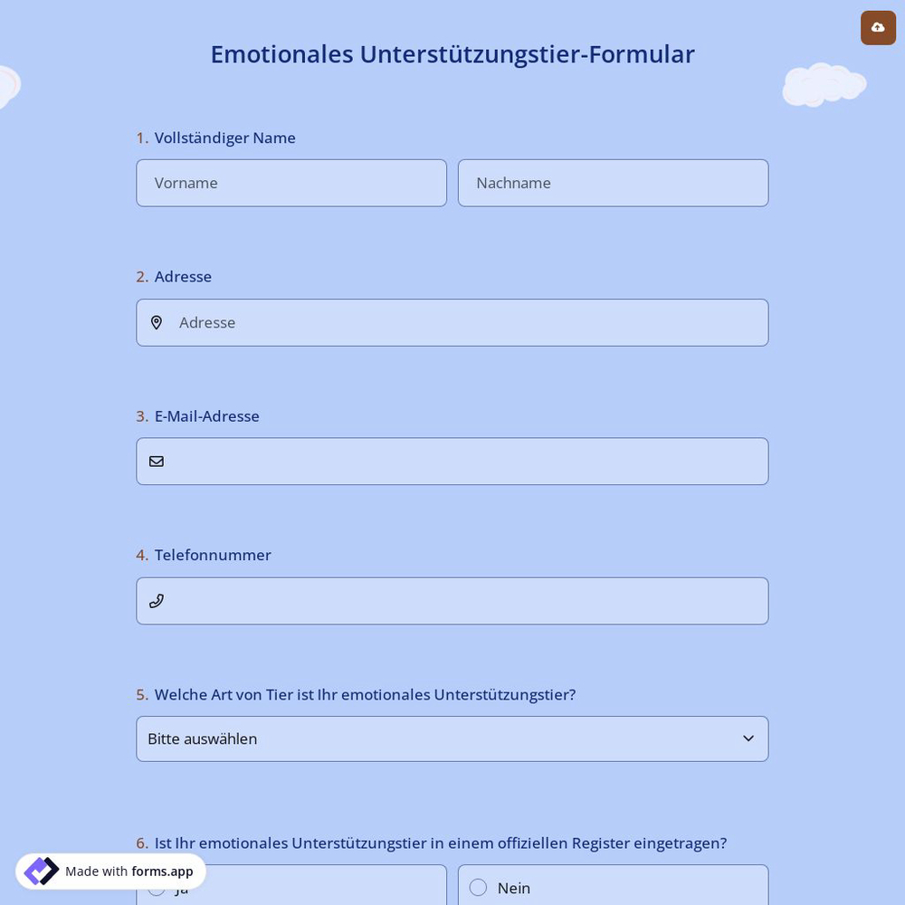 Emotionales Unterstützungstier-Formular