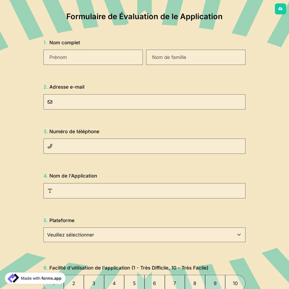 Formulaire de Évaluation de le Application