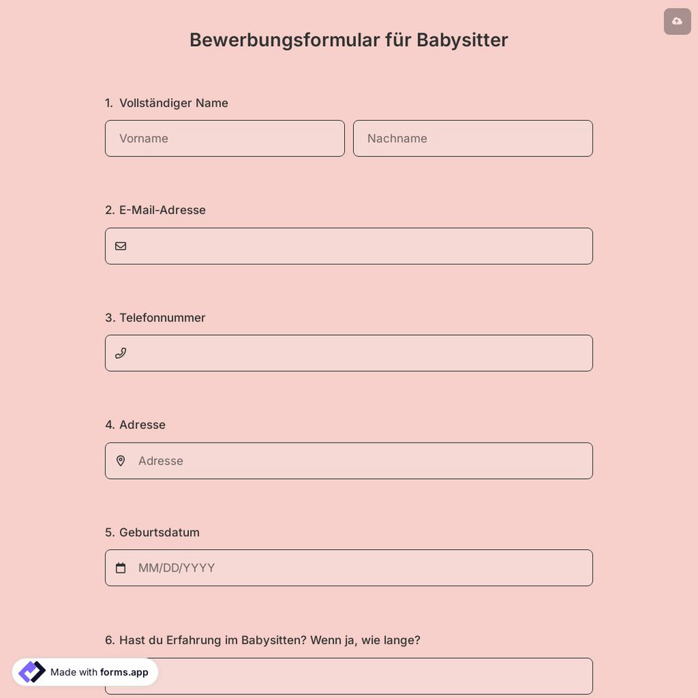 Bewerbungsformular für Babysitter
