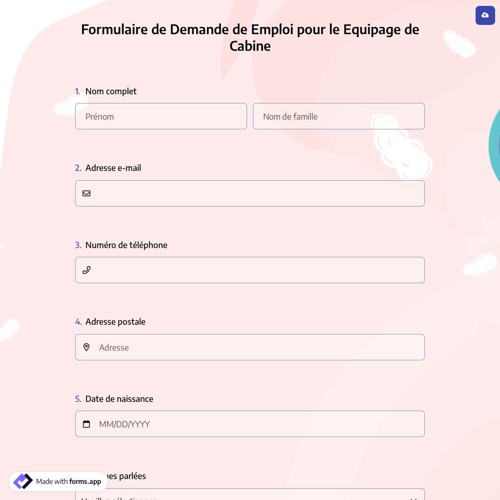 Formulaire de Demande de Emploi pour le Equipage de Cabine