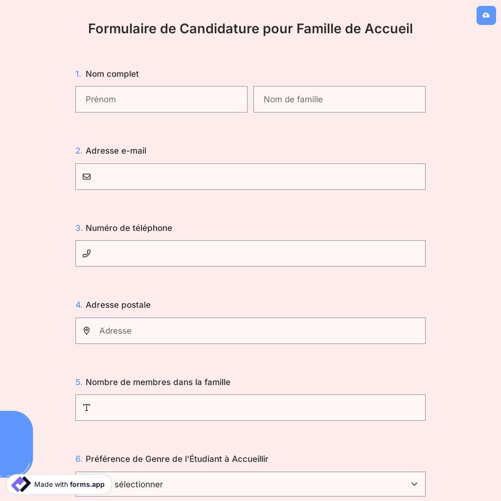 Formulaire de Candidature pour Famille de Accueil