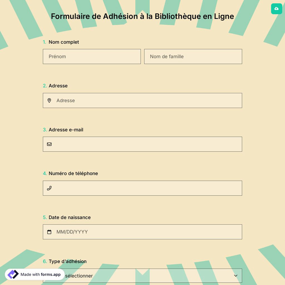 Formulaire de Adhésion à la Bibliothèque en Ligne