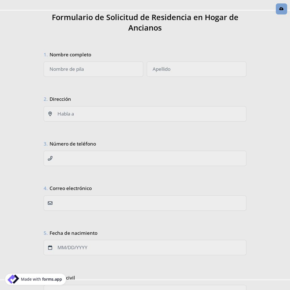 Formulario de Solicitud de Residencia en Hogar de Ancianos