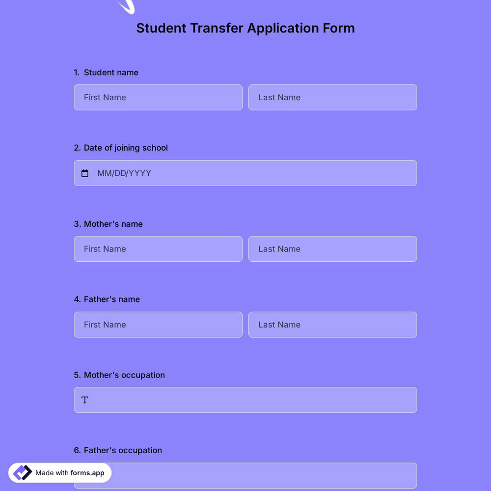 Student Transfer Application Form