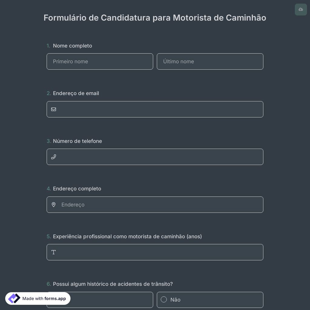 Formulário de Candidatura para Motorista de Caminhão