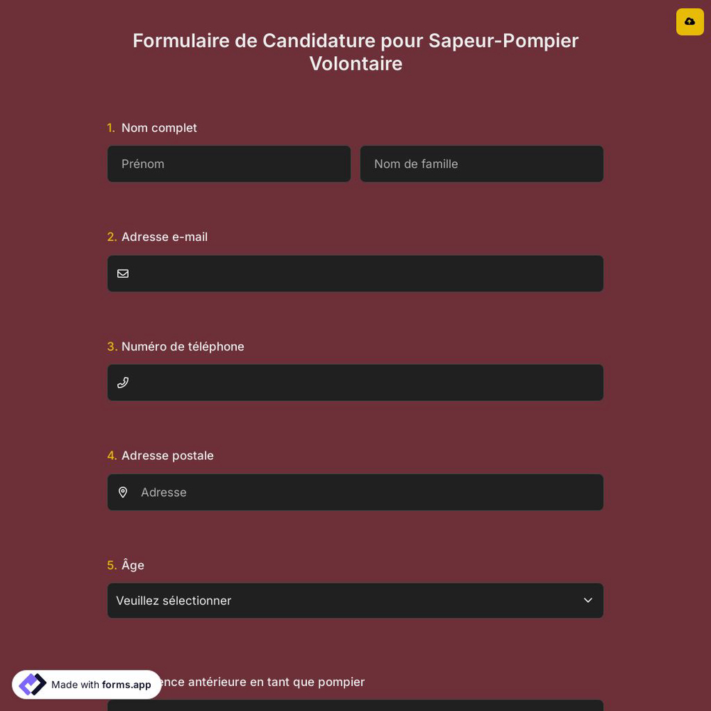 Formulaire de Candidature pour Sapeur-Pompier Volontaire