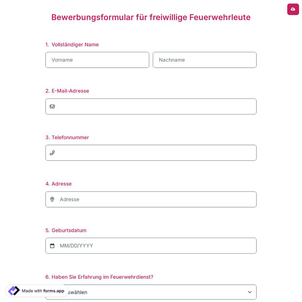 Bewerbungsformular für Freiwillige Feuerwehrleute