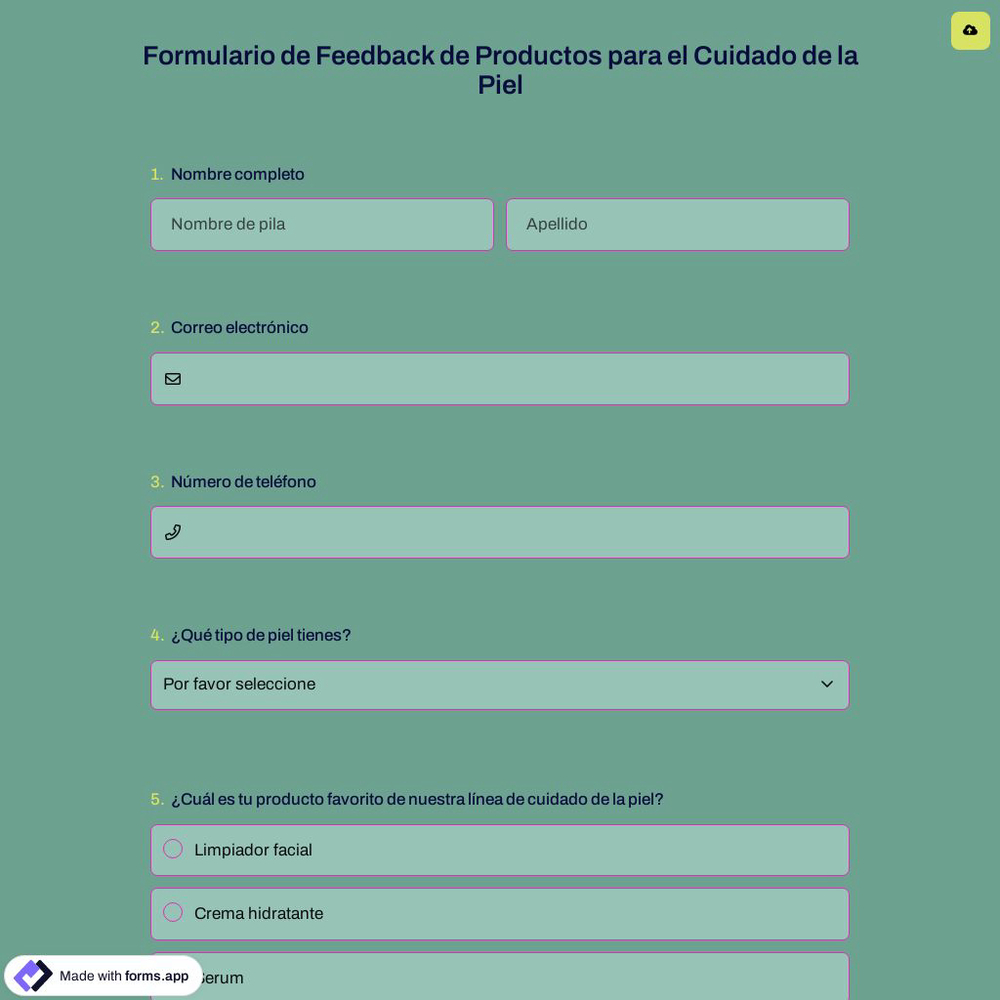 Formulario de Feedback de Productos para el Cuidado de la Piel