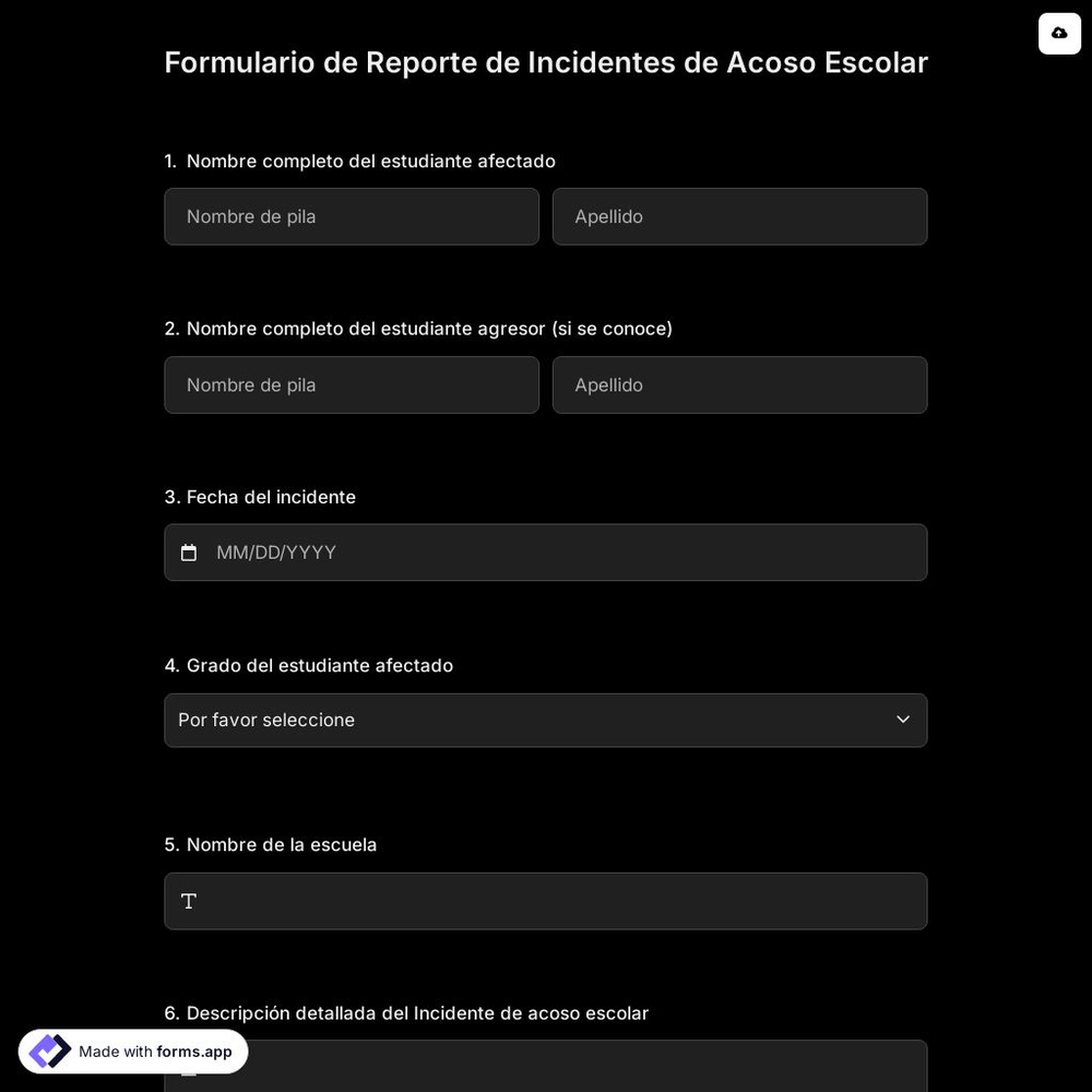 Formulario de Reporte de Incidentes de Acoso Escolar