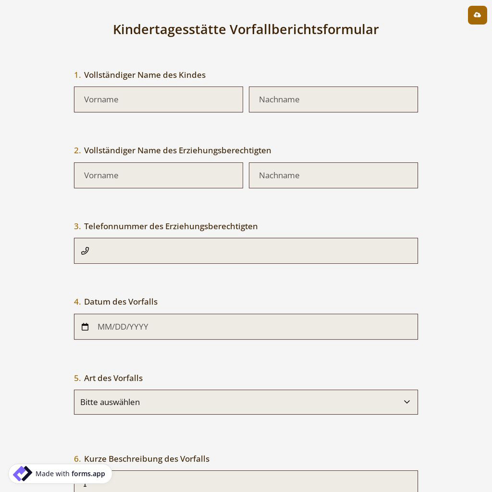 Kindertagesstätte Vorfallberichtsformular