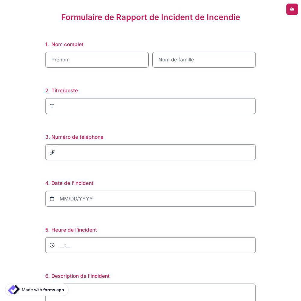 Formulaire de Rapport de Incident de Incendie