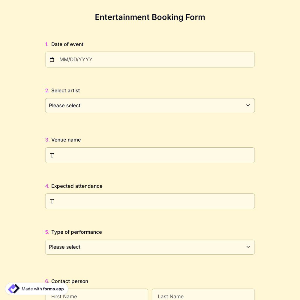 Entertainment Booking Form