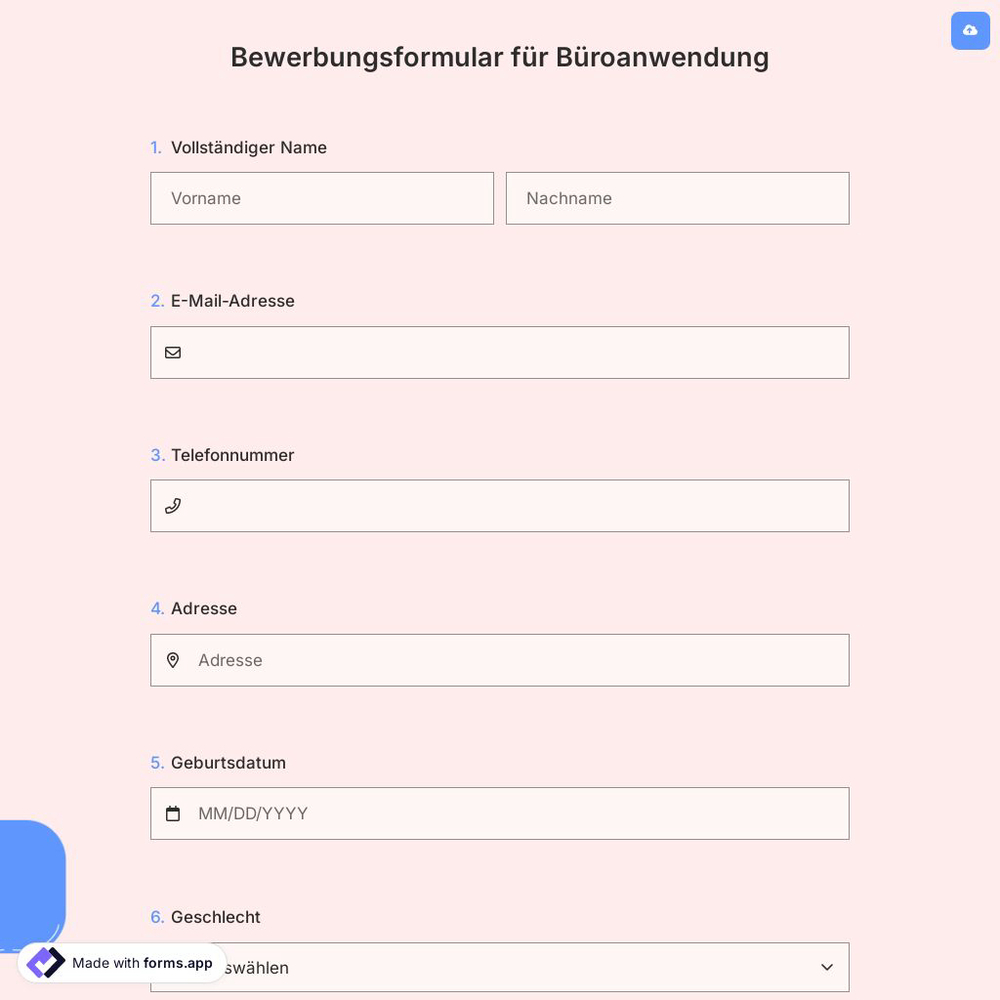 Bewerbungsformular für Büroanwendung