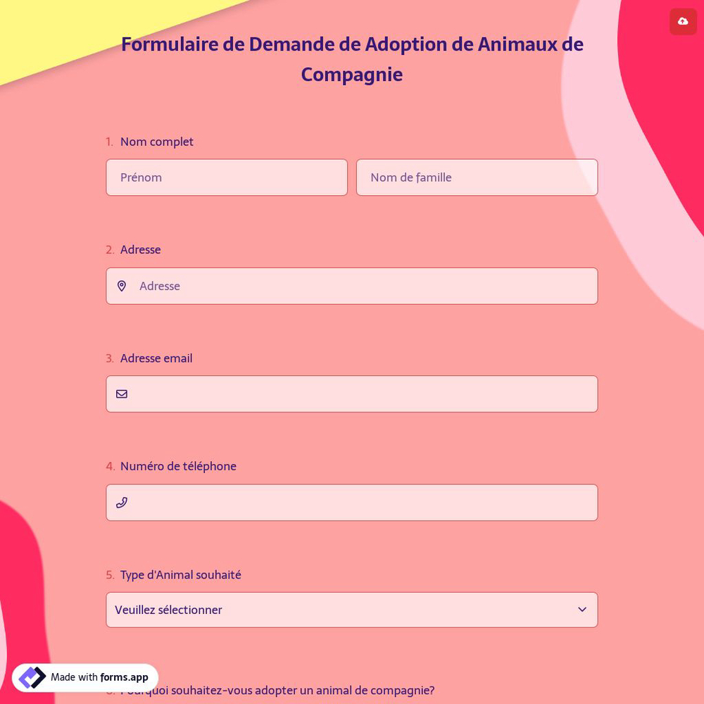 Formulaire de Demande de Adoption de Animaux de Compagnie