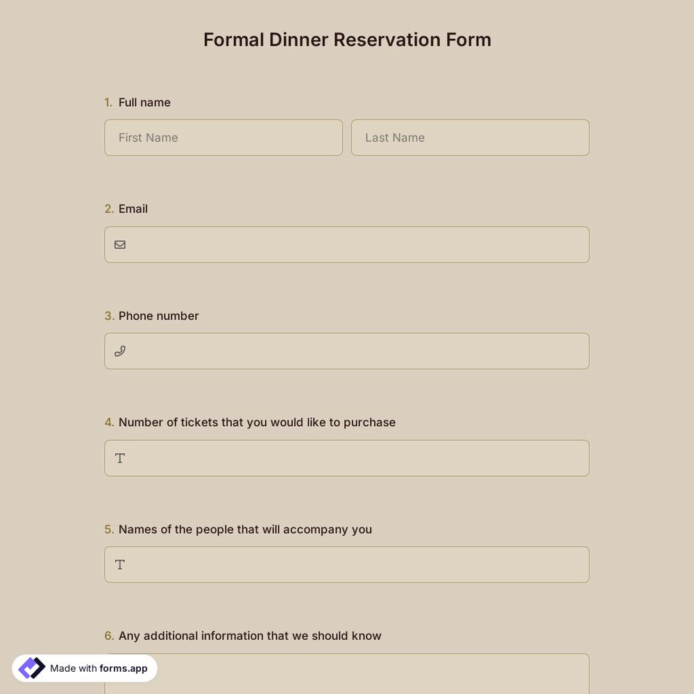 Formal Dinner Reservation Form