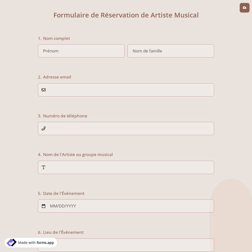 Formulaire de Réservation de Artiste Musical