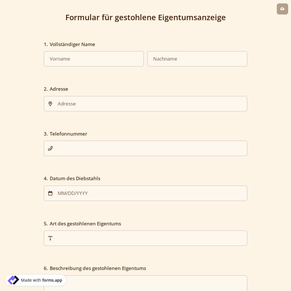 Formular für Gestohlene Eigentumsanzeige