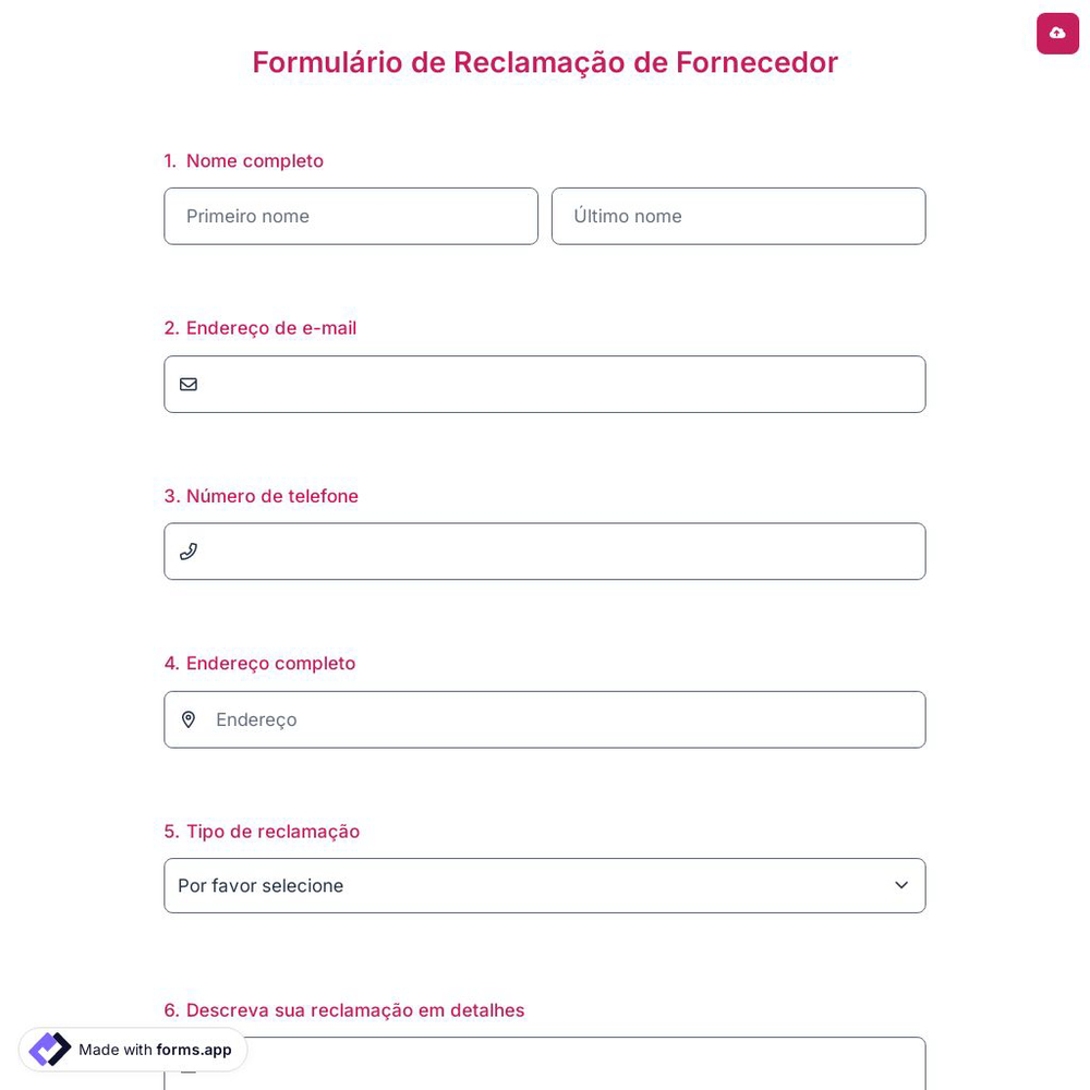 Formulário de Reclamação de Fornecedor