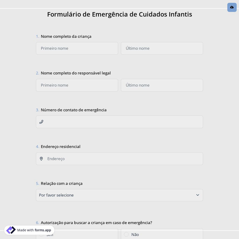 Formulário de Emergência de Cuidados Infantis