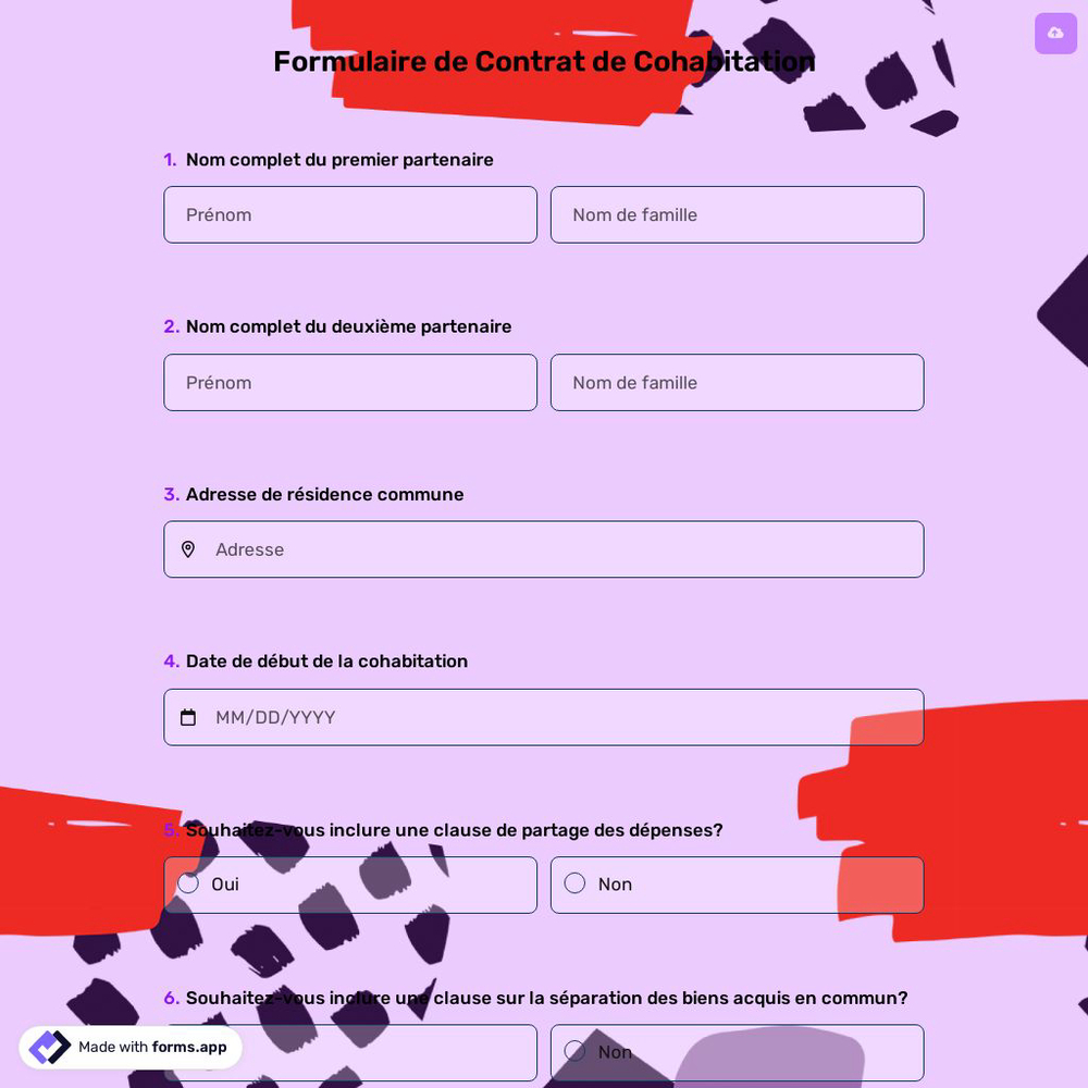 Formulaire de Contrat de Cohabitation